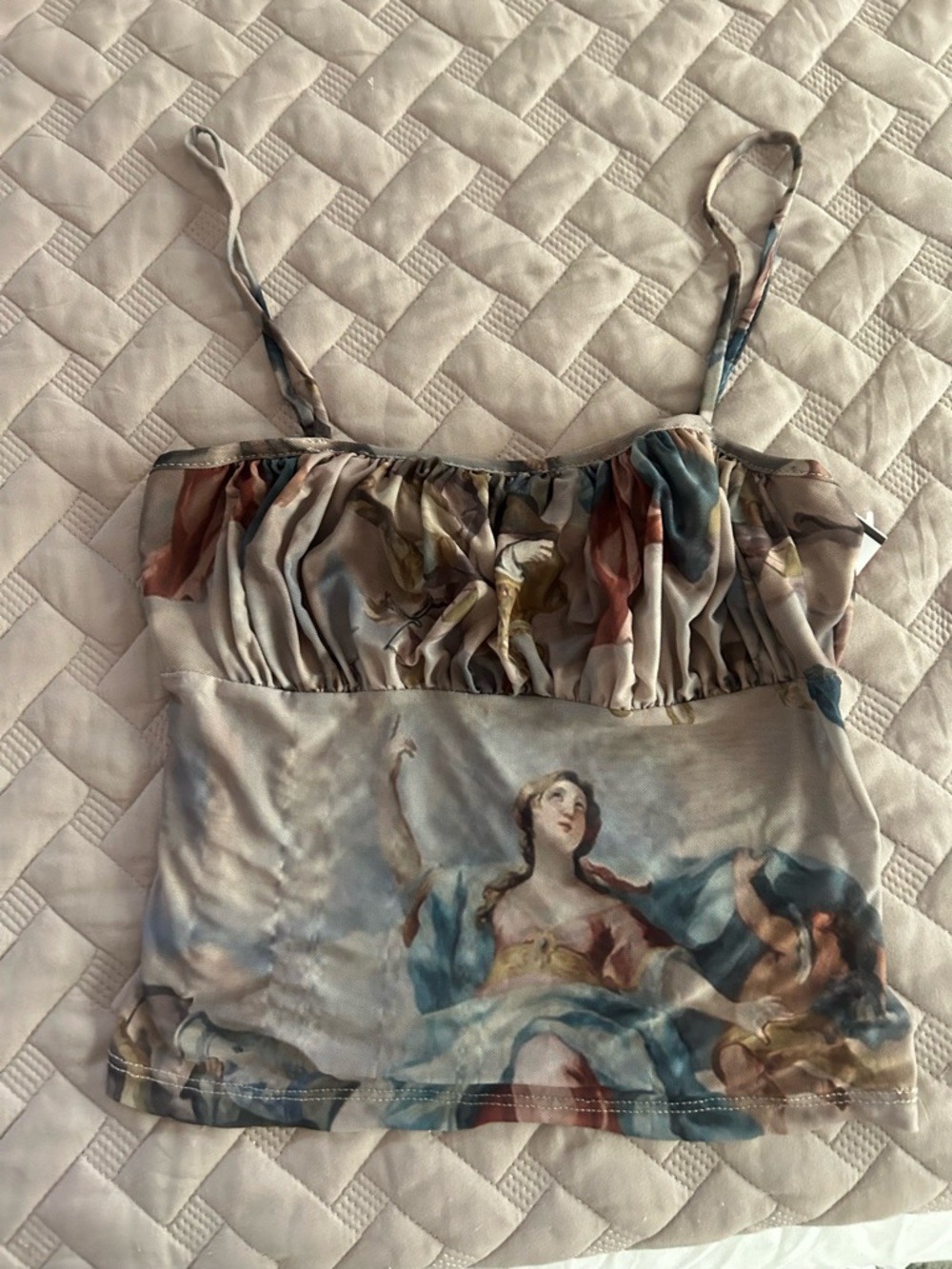 Forever 21 Sheer Painterly Print Spaghetti Strap Cami in Cream, Blue, Brown